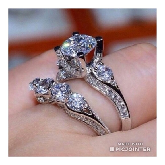 Wedding Ring set .925 Silver Size 7 Engagement New - Picture 1 of 5